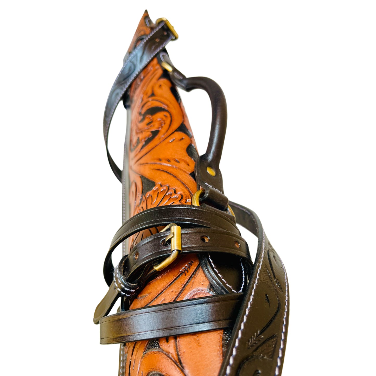 Dual Tone Black Tan Leather Rifle Scabbard 33" Western Gun Case with Hand Carved Floral Tooling & Suede Interior