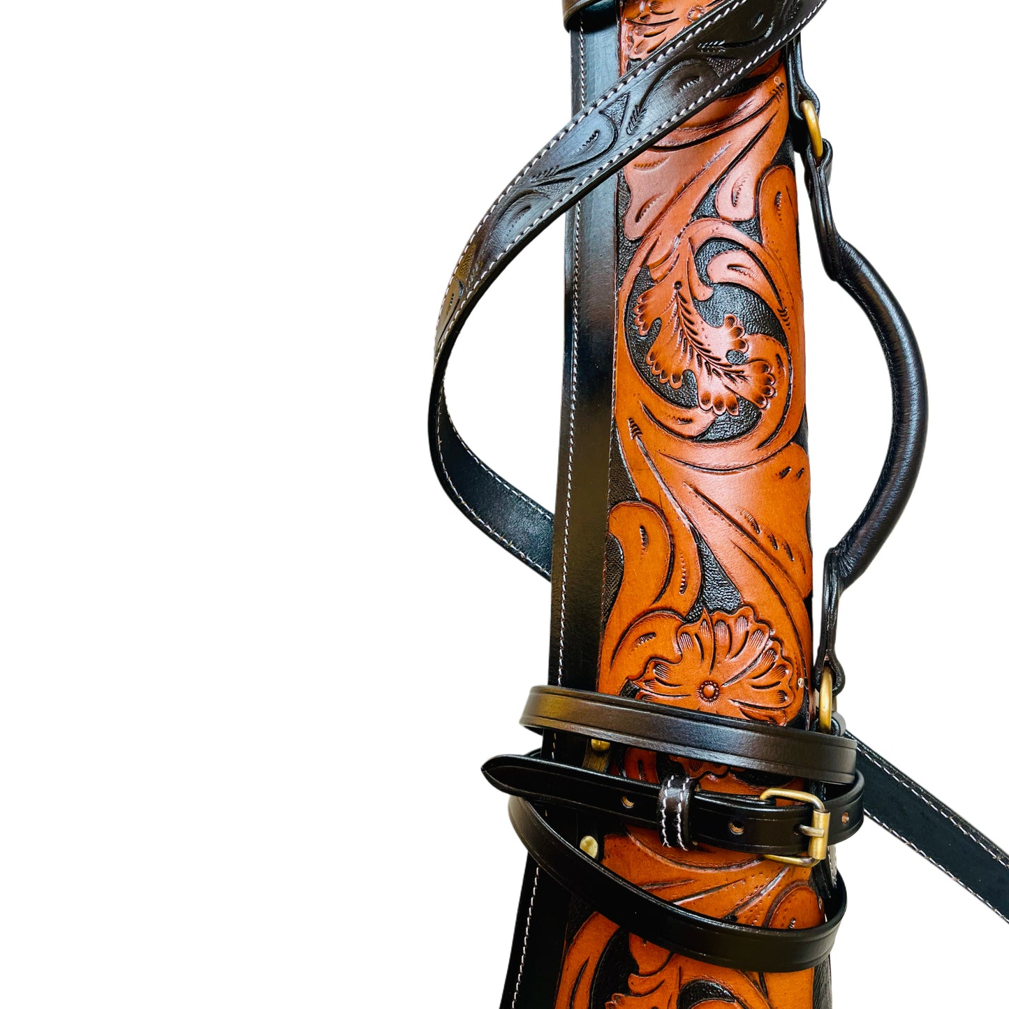 Dual Tone Black Tan Leather Rifle Scabbard 33" Western Gun Case with Hand Carved Floral Tooling & Suede Interior