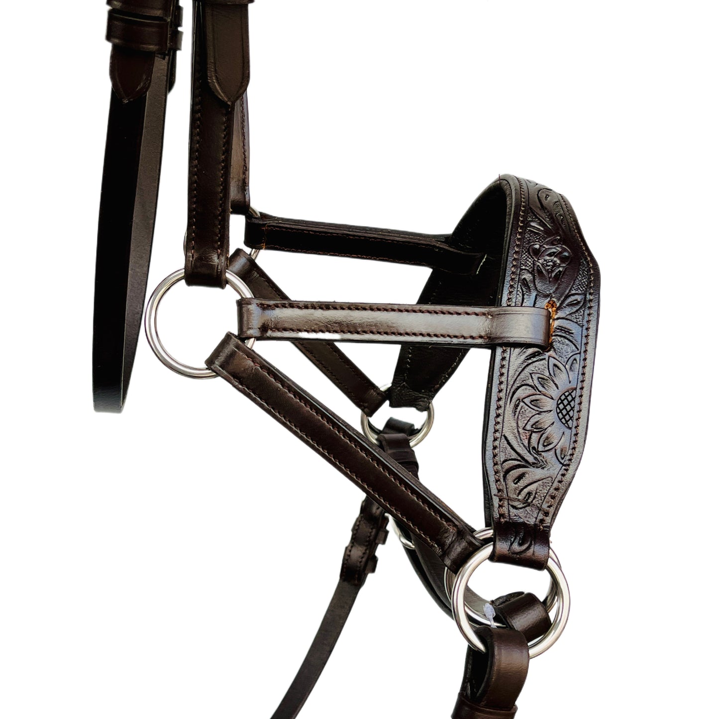 Hand Tooled Brown Leather Bitless Horse Bridle Side Pull with Carved Floral Design & Reins