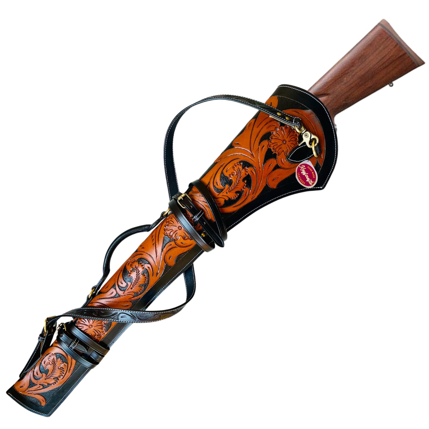 Dual Tone Black Tan Leather Rifle Scabbard 33" Western Gun Case with Hand Carved Floral Tooling & Suede Interior