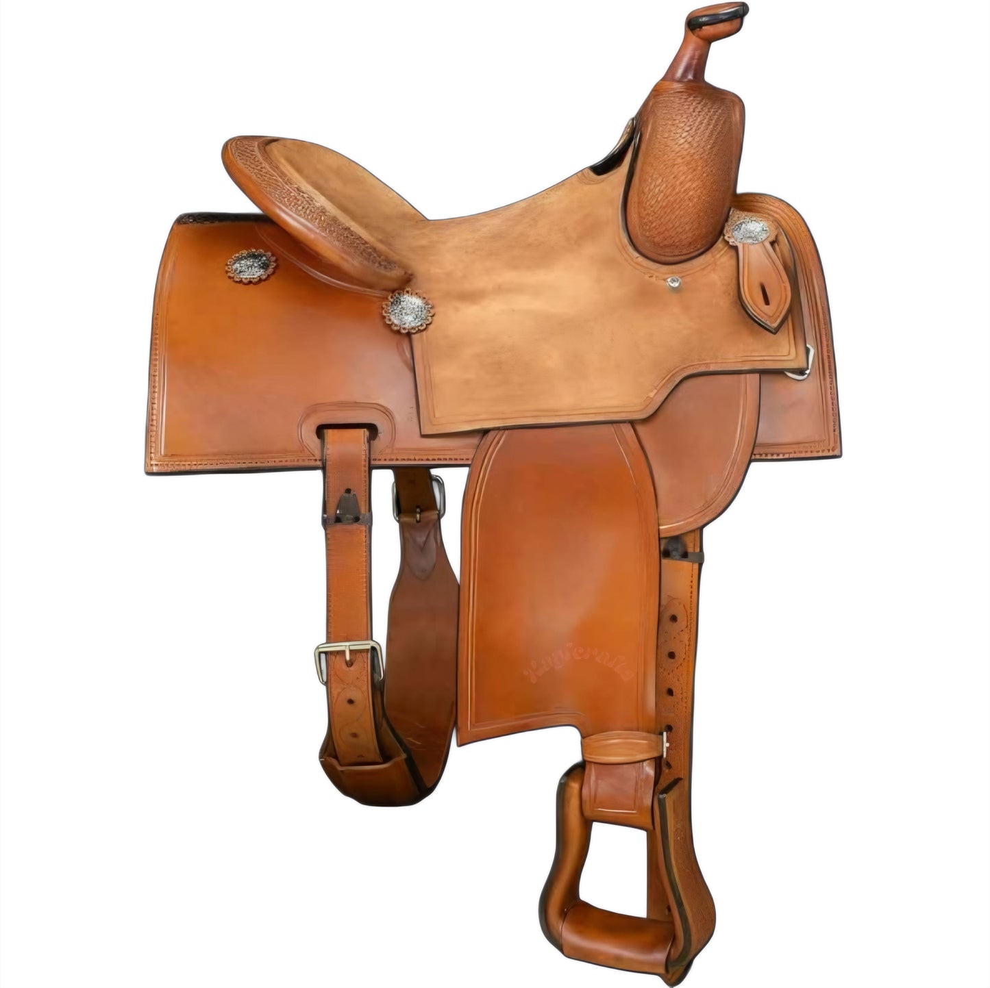 Premium Ranch Saddle with Suede Seat, Roughout Jockey, and Tooled Leather Work