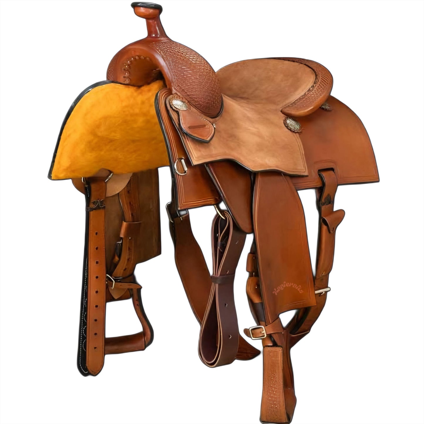 Premium Ranch Saddle with Suede Seat, Roughout Jockey, and Tooled Leather Work