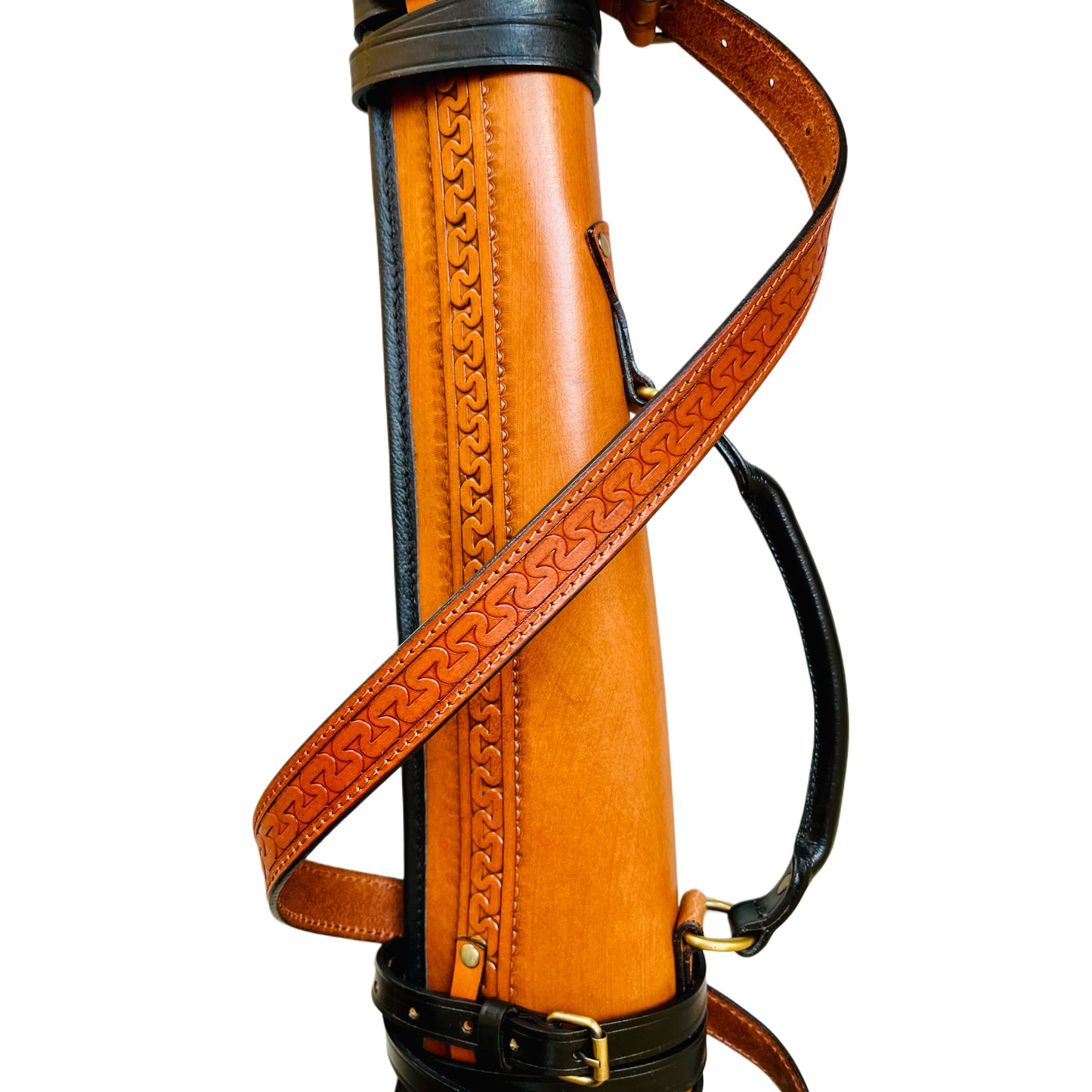 Full Grain Leather Rifle Scabbard with Fur Lining & Tooled Design Adjustable Shoulder Strap & Saddle Mounting Straps Antique Components Rounded Leather handle 33" Long Rifle cover carrying case