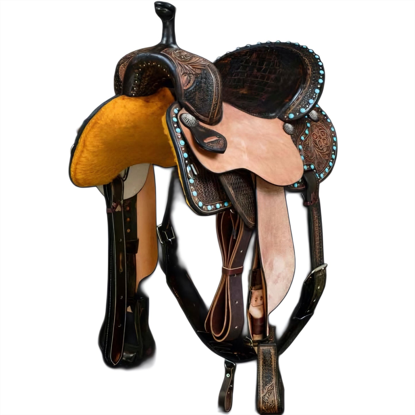 Premium Barrel Leather Saddle with Crocodile-Textured Seat and Floral Tooling