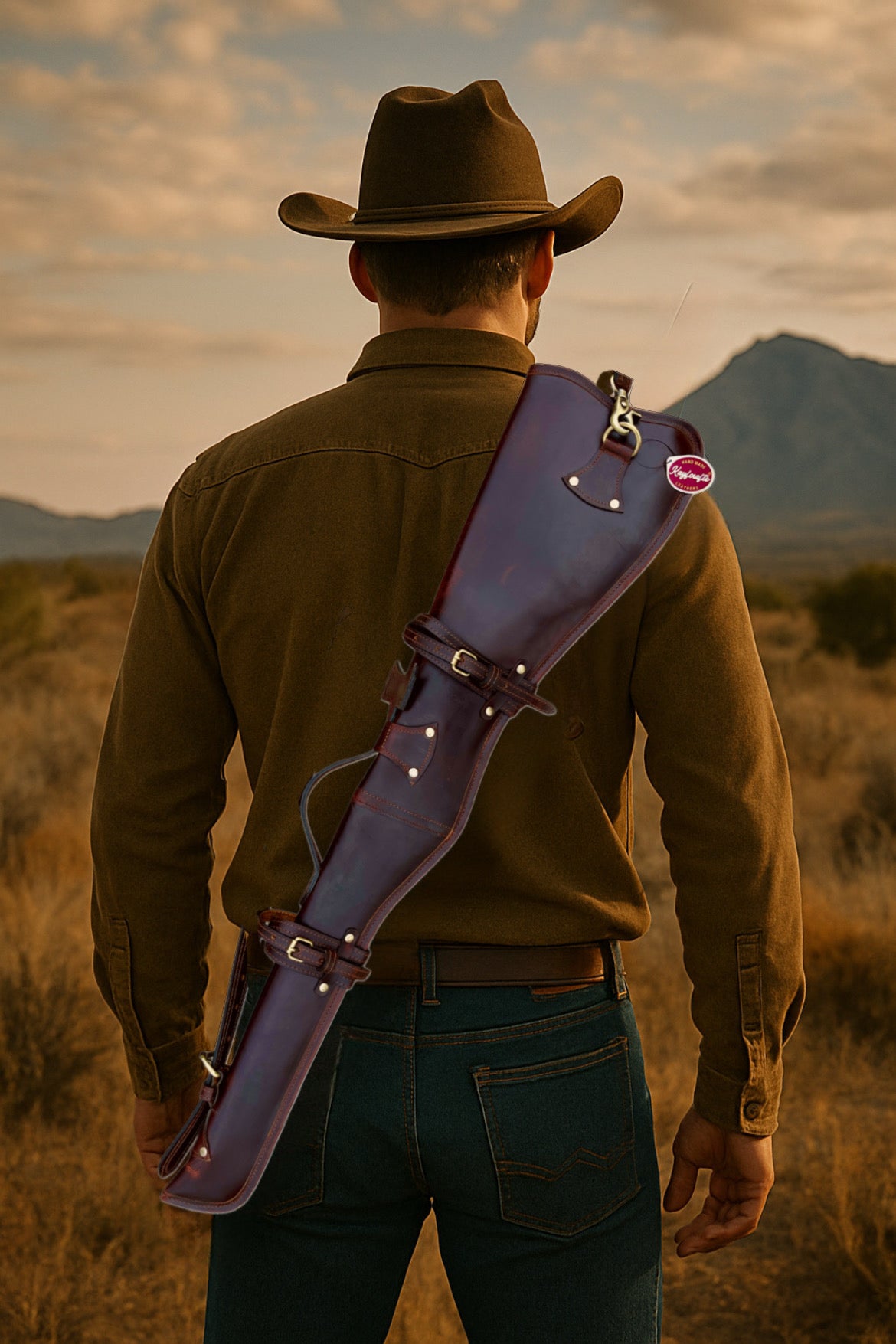 34" Full Grain Leather Rifle Scabbard Western Hard Wax Leather Gun Case with Faux Shearling Lining & Shoulder Strap