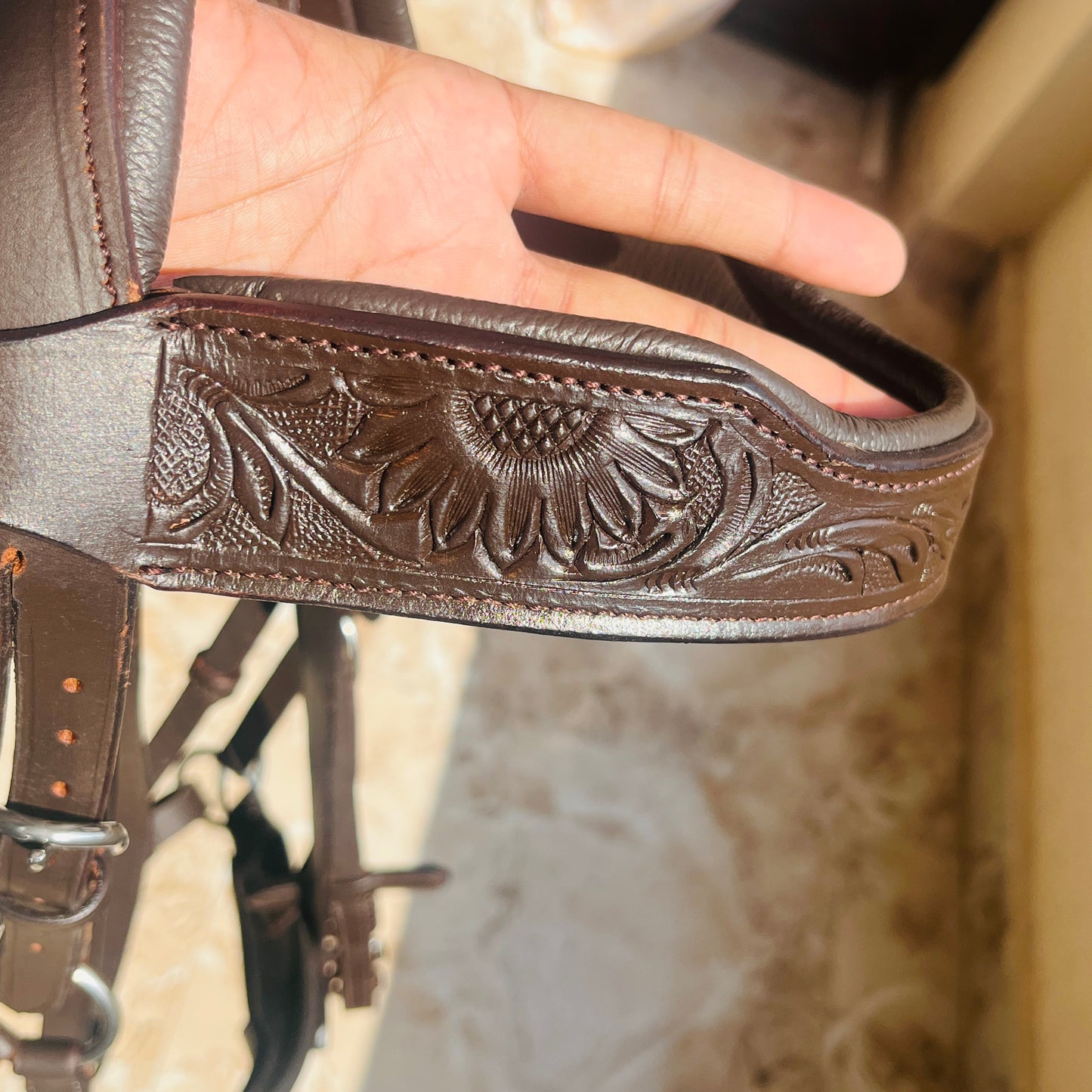 Hand Tooled Brown Leather Bitless Horse Bridle Side Pull with Carved Floral Design & Reins