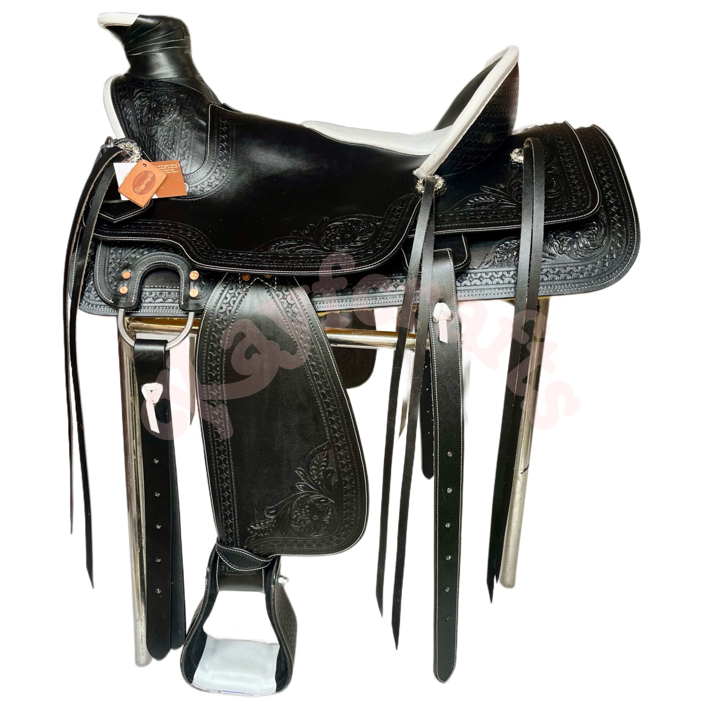 Premium Black Leather Western Wade Saddle White Cowhide Accent with Complete Tack Set