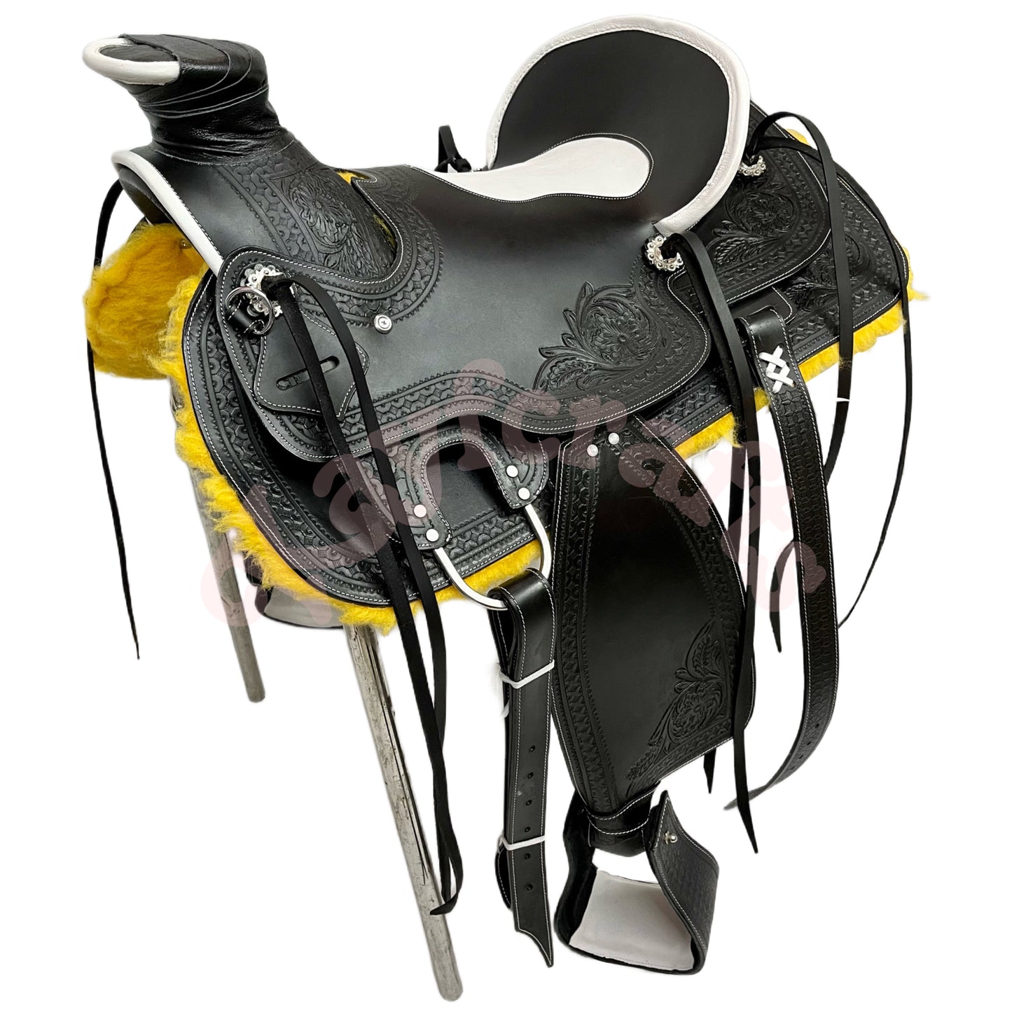 Premium Black Leather Western Wade Saddle White Cowhide Accent with Complete Tack Set