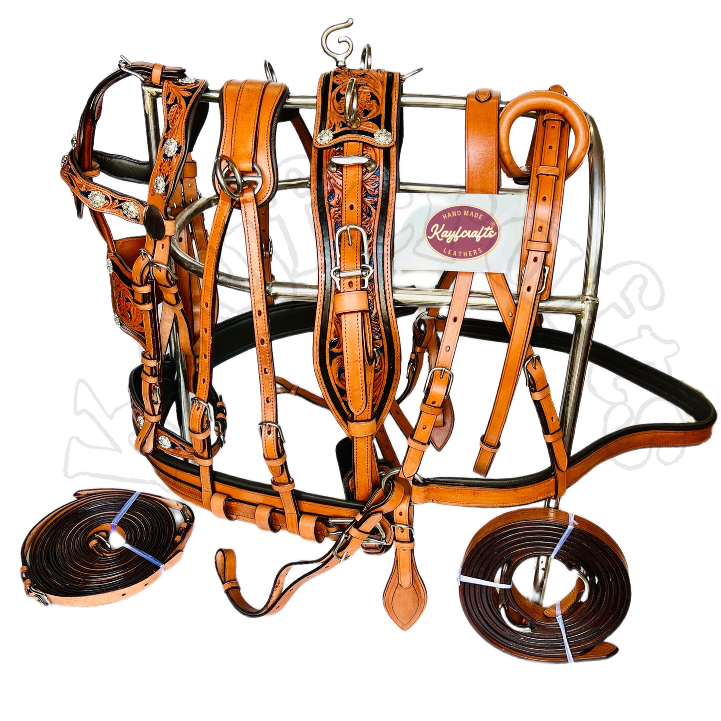 3 Tone Leather Horse Driving Harness Navy Blue Floral Accent & Silver Conchos