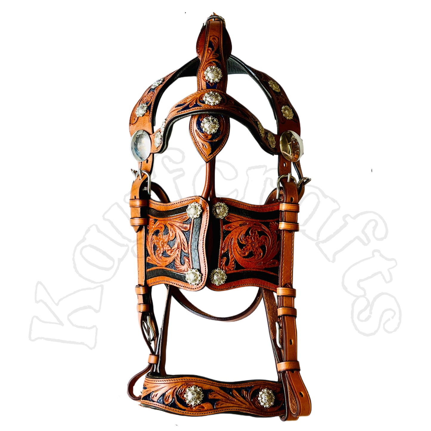 3 Tone Leather Horse Driving Harness Navy Blue Floral Accent & Silver Conchos