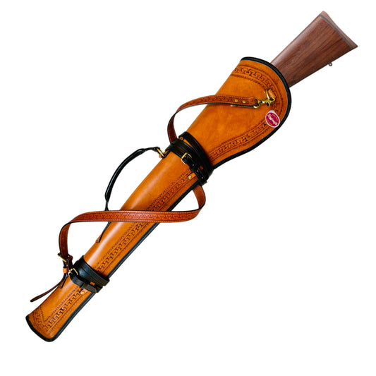 Full Grain Leather Rifle Scabbard with Fur Lining & Tooled Design Adjustable Shoulder Strap & Saddle Mounting Straps Antique Components Rounded Leather handle 33" Long Rifle cover carrying case