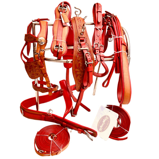 Dual Tone Red Leather Horse Driving Harness Complete Set