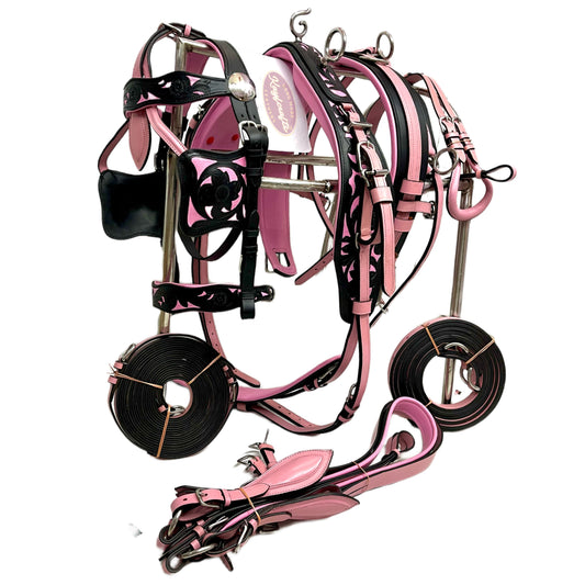 Black & Pink Leather Horse Driving Harness Complete set
