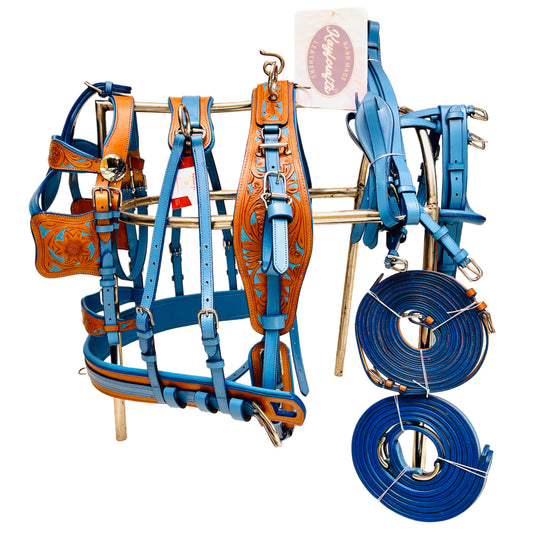 Turquoise Blue & Natural Leather Horse Driving Harness Set Complete with Hand-Tooled Design
