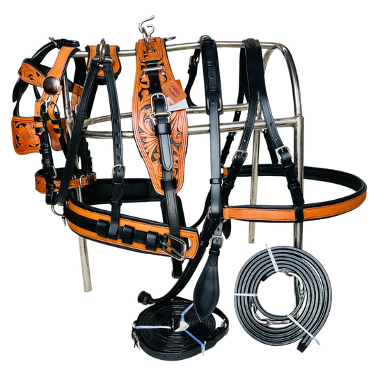 Premium Black & Natural Leather Horse Driving Harness Set - Hand-Tooled with Stainless Steel Hardware