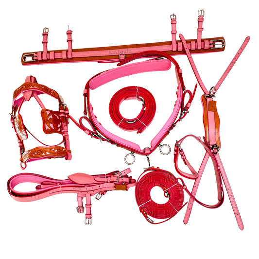 Elegant Pink & Natural Leather Horse Driving Harness Set