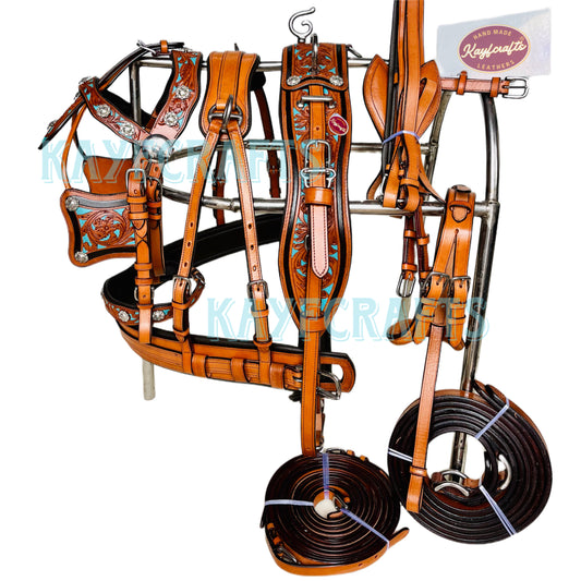 Western Leather Horse Driving Harness Turquoise Floral Accents