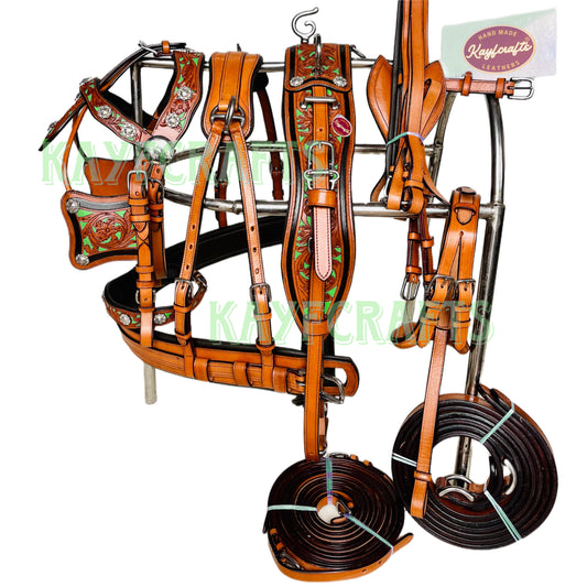 Western Leather Horse Driving Harness in Lime Green - Silver Conchos & Hand-Tooled Design