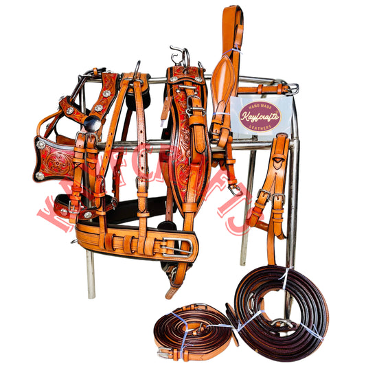 Western Style Leather Horse Driving Harness Set Red Base Silver Conchos