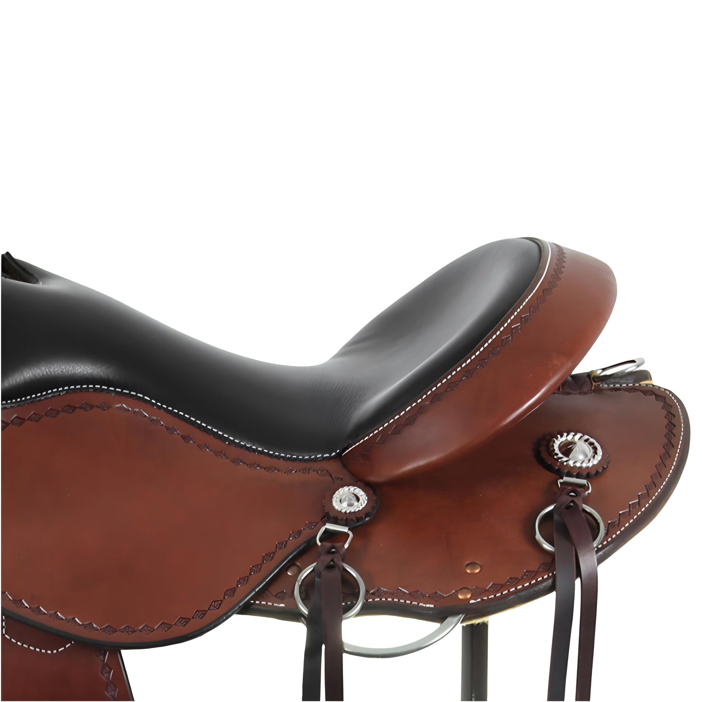Western Saddle in Premium Full Grain Leather Ultimate Comfort with Dark Horn Gullet and Concho Skirt