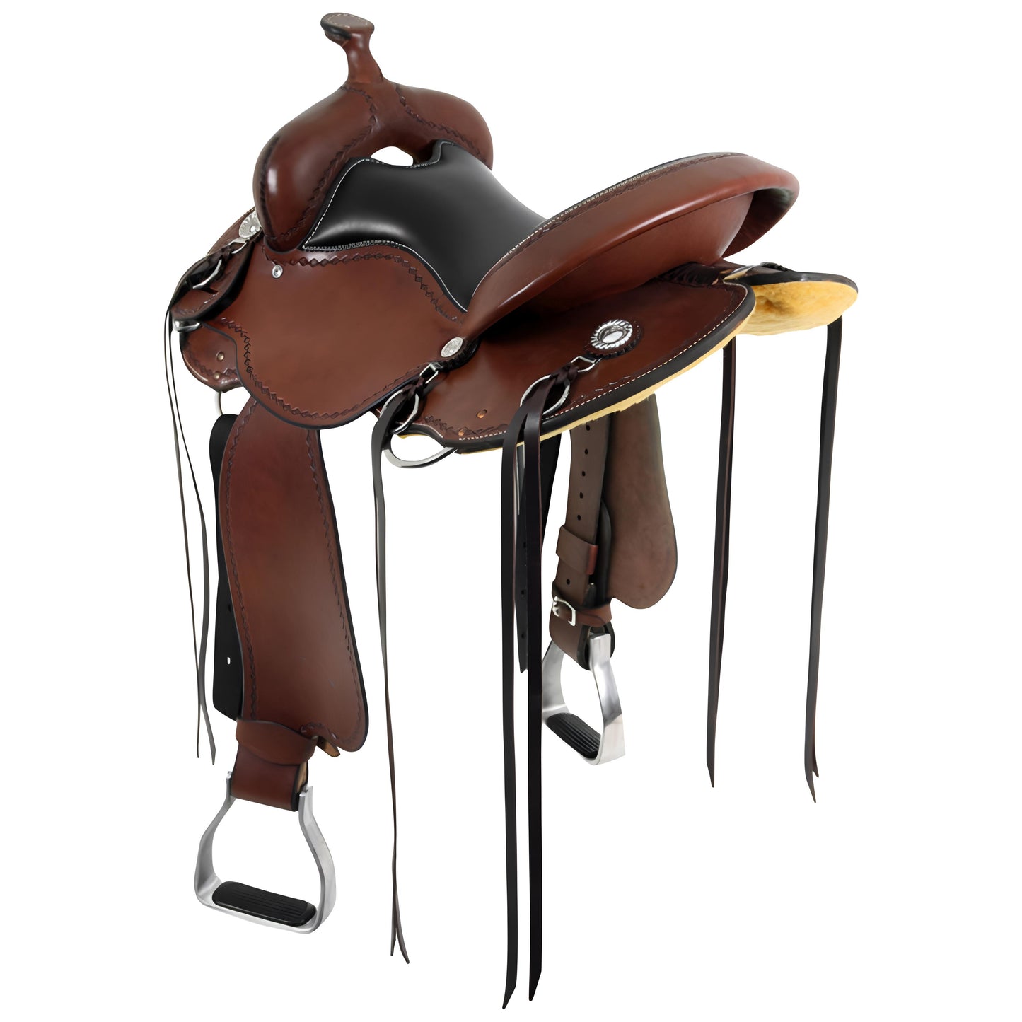 Western Saddle in Premium Full Grain Leather Ultimate Comfort with Dark Horn Gullet and Concho Skirt