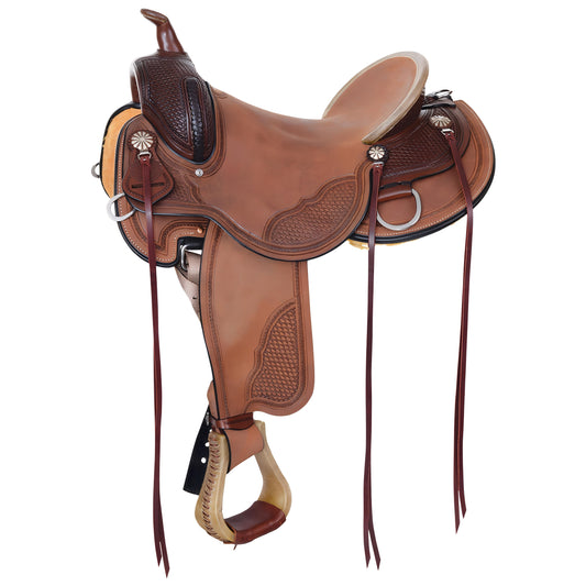 Western Trail Saddle Handcrafted with Roughout Leather Basketweave Tooling and Shock Absorbing Skirt
