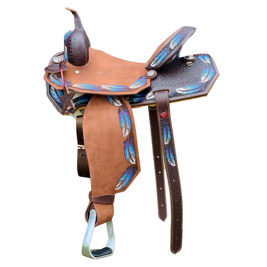 Western Style Handcrafted Barrel Saddle with Leather Feather Tooling Hard Seat Cheyenne Cantle and Tall Horn