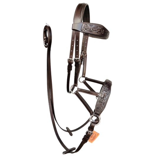 Hand Tooled Brown Leather Bitless Horse Bridle Side Pull with Carved Floral Design & Reins