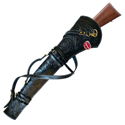 All Black Full Grain Leather Rifle Scabbard 33" Western Gun Case with Antique Brass Hardware & Suede Lining