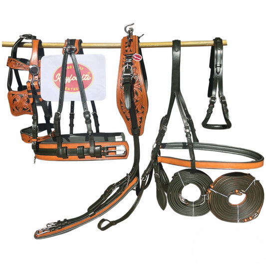 Premium Dual Tone Leather Horse Driving Harness Set Olive Green & Natural with Hand Tooled Design