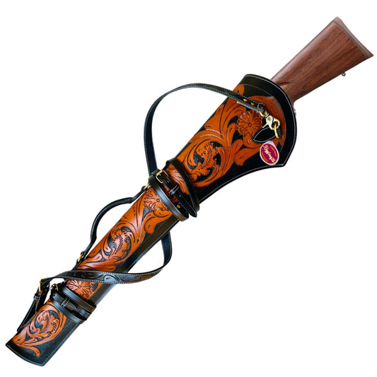 Dual Tone Black Tan Leather Rifle Scabbard 33" Western Gun Case with Hand Carved Floral Tooling & Suede Interior
