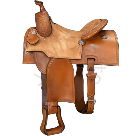 Premium Ranch Saddle with Suede Seat, Roughout Jockey, and Tooled Leather Work