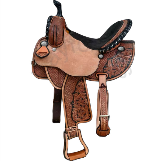 Handcrafted Western Barrel Horse Saddle with Suede Seat and Floral Tooling