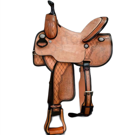 Hand Tooled Leather Barrel Saddle with Roughout Seat for Horse riding