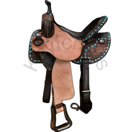 Premium Barrel Leather Saddle with Crocodile-Textured Seat and Floral Tooling