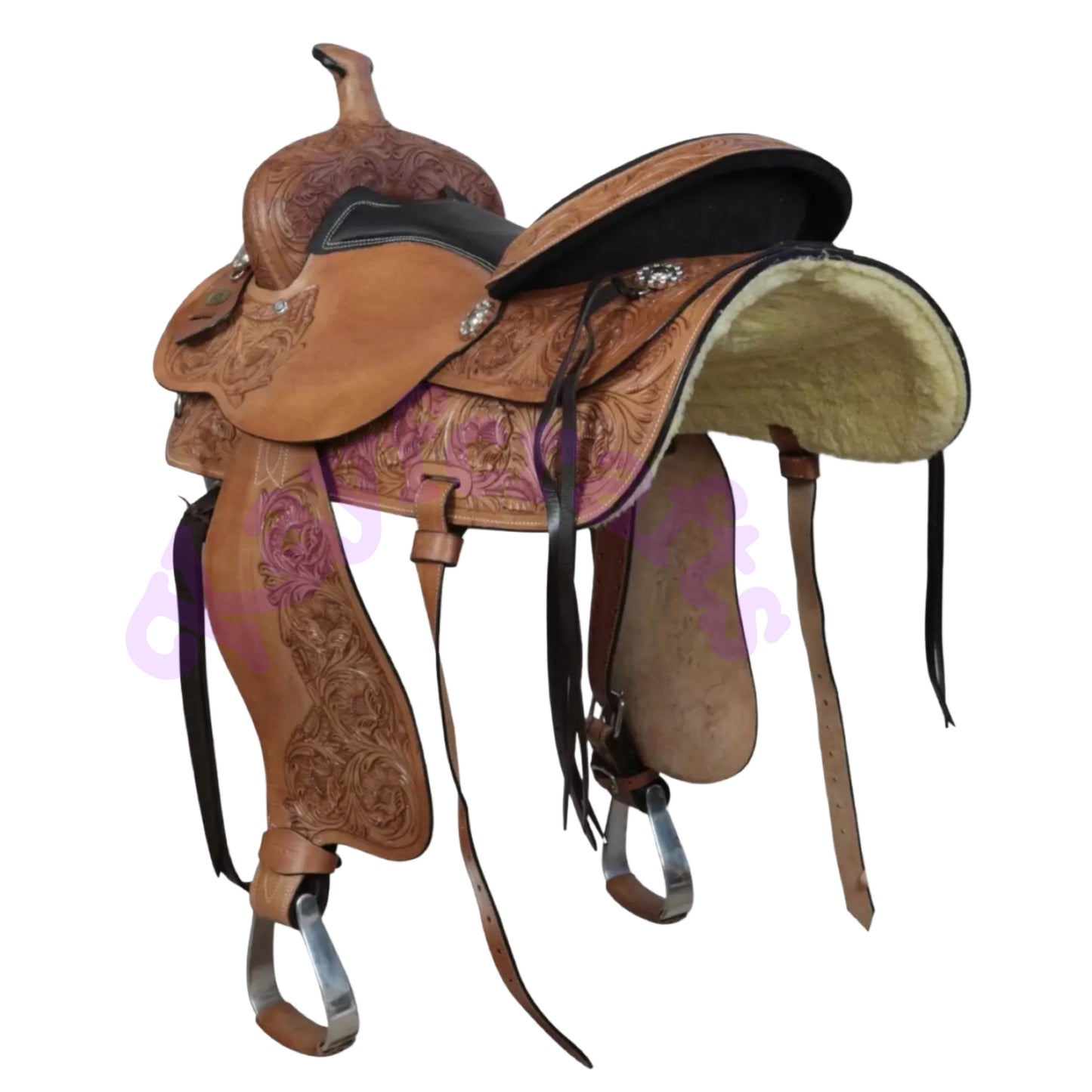 Oregon Full Grain Leather Western Saddle with Aluminum Stirrups Harness Conchos and Hand Tooled Floral Detailing