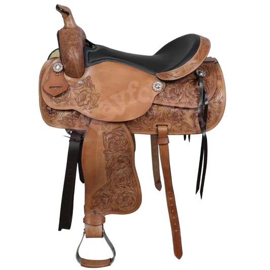 Oregon Full Grain Leather Western Saddle with Aluminum Stirrups Harness Conchos and Hand Tooled Floral Detailing