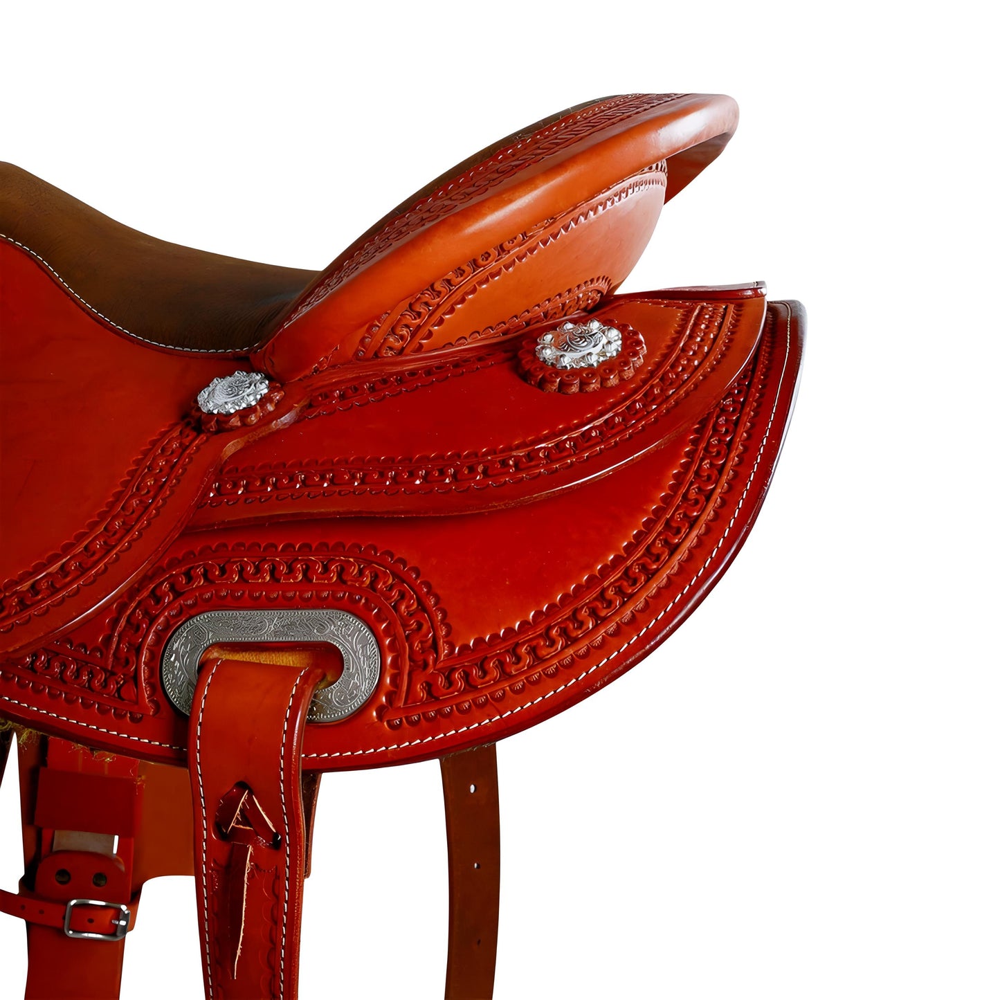 Western All-Rounder Saddle Premium with Flexible Harness Skirt Contoured Leather and Fleece Lining Silver Conchos