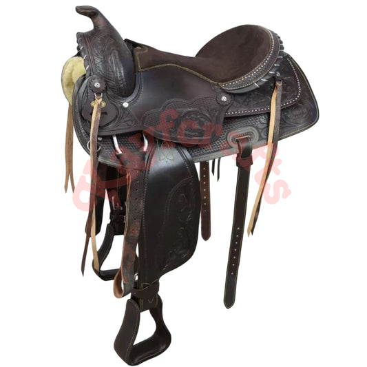 Elegant Handcrafted Western Saddle with Suede Seat Gold Stitching and Basket Floral Tooling