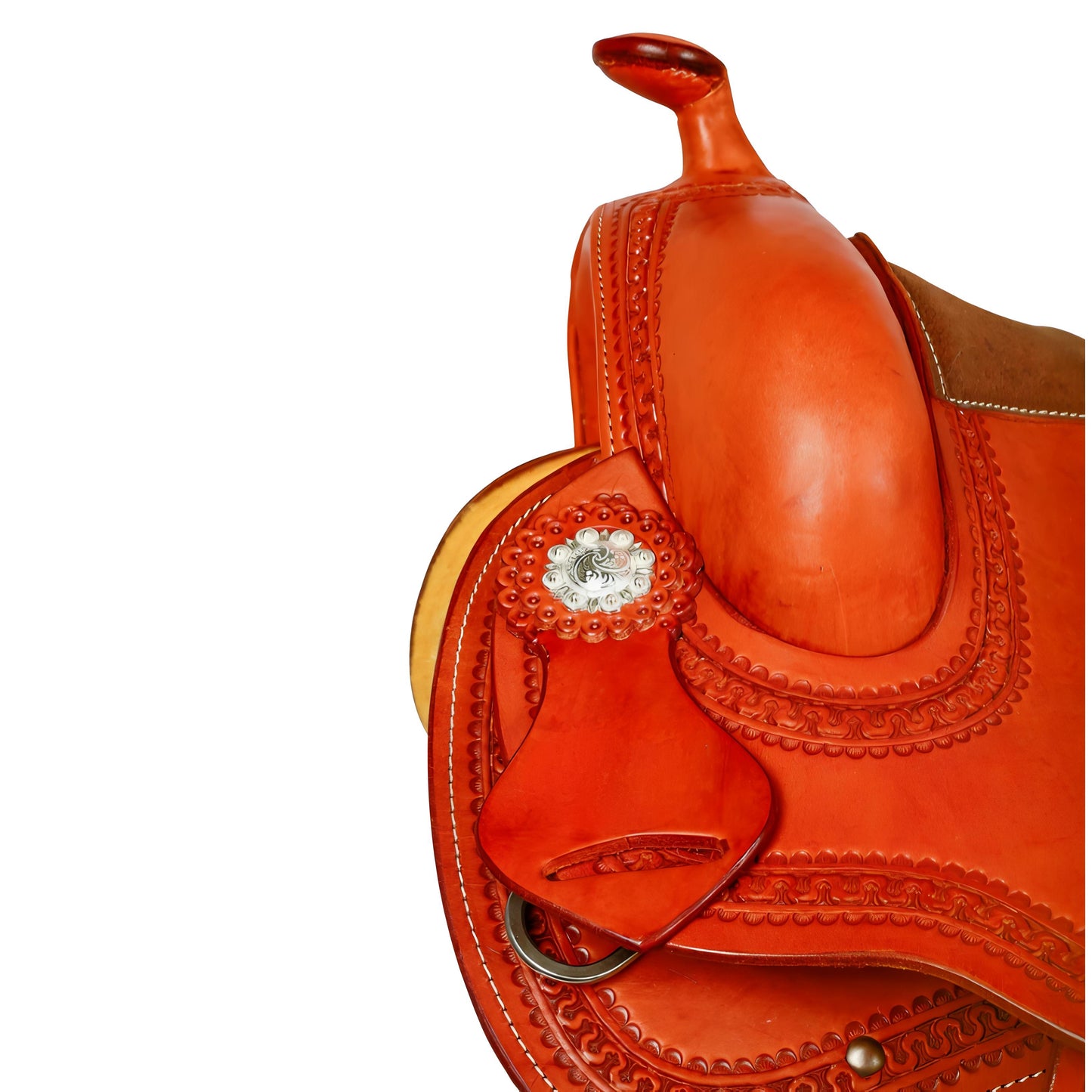 Western All-Rounder Saddle Premium with Flexible Harness Skirt Contoured Leather and Fleece Lining Silver Conchos