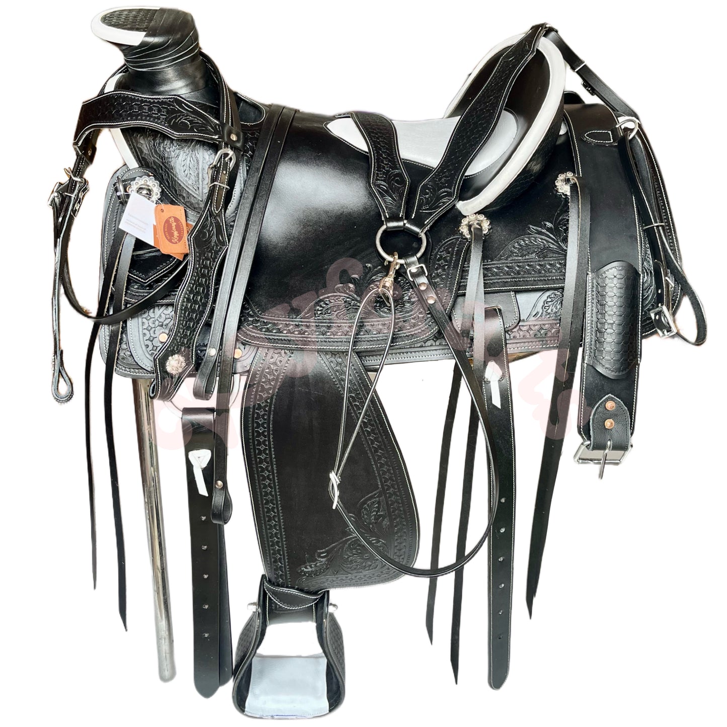 Premium Black Leather Western Wade Saddle White Cowhide Accent with Complete Tack Set