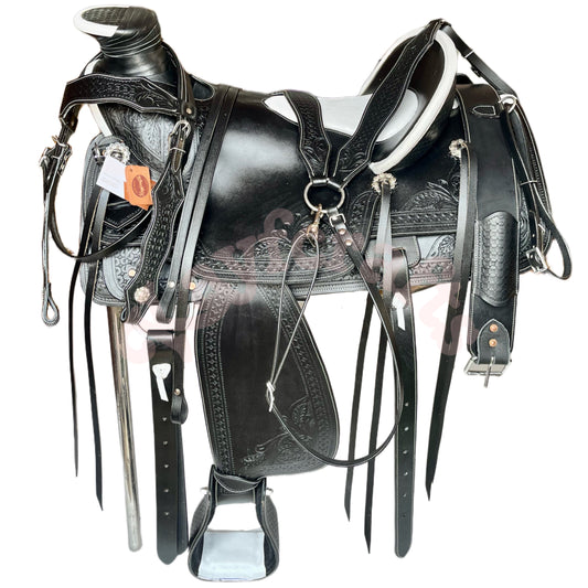 Premium Black Leather Western Wade Saddle White Cowhide Accent with Complete Tack Set