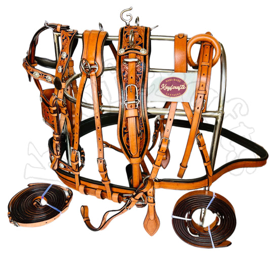 3 Tone Leather Horse Driving Harness Navy Blue Floral Accent & Silver Conchos